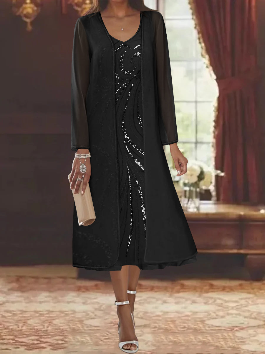 V Neck Long Sleeve Tea Length Mother of the Bride Dress with Jacket and Sequins