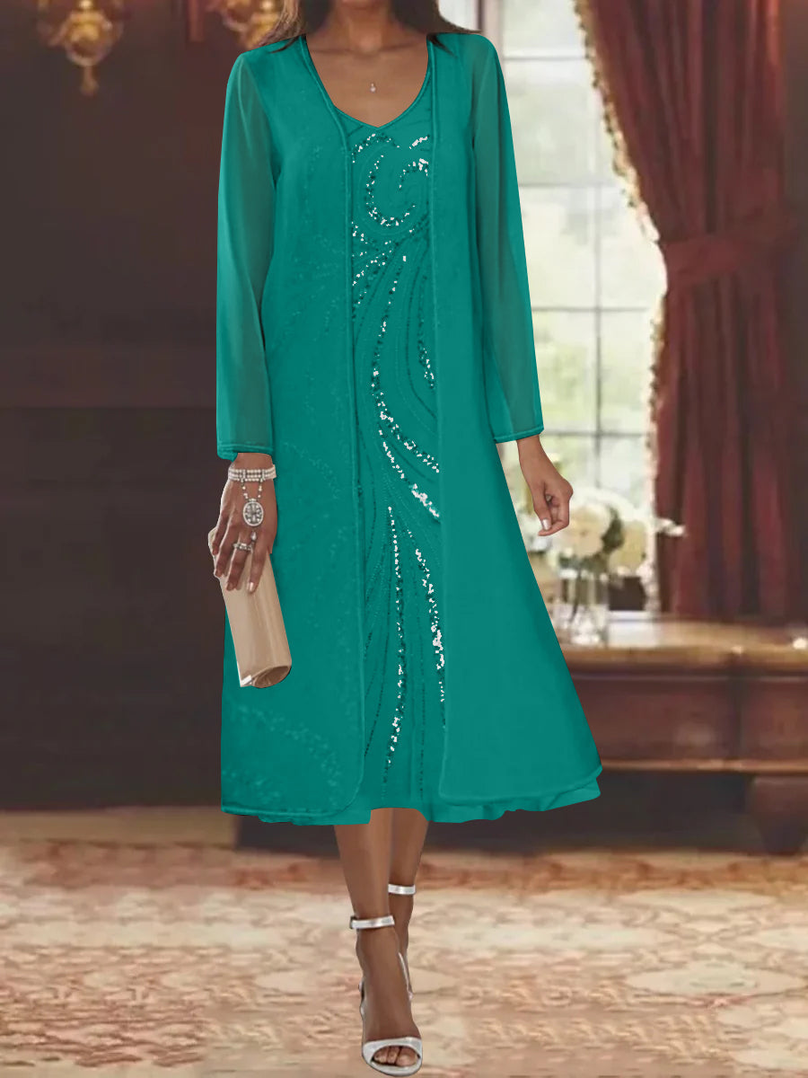 V Neck Long Sleeve Tea Length Mother of the Bride Dress with Jacket and Sequins
