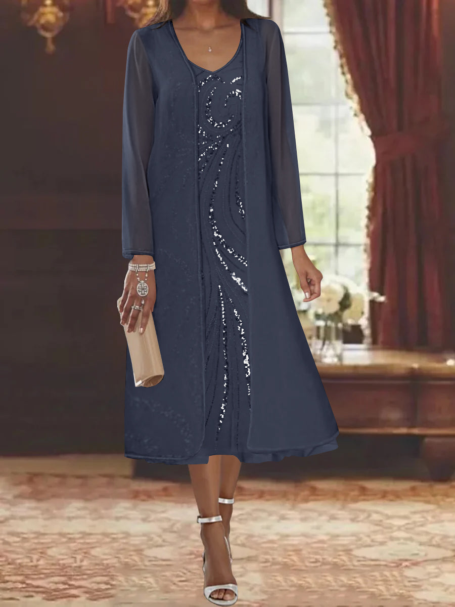 V Neck Long Sleeve Tea Length Mother of the Bride Dress with Jacket and Sequins