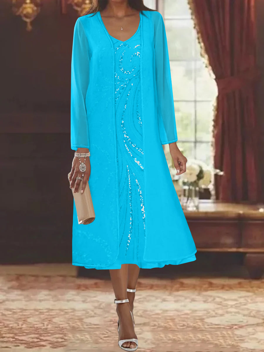 V Neck Long Sleeve Tea Length Mother of the Bride Dress with Jacket and Sequins