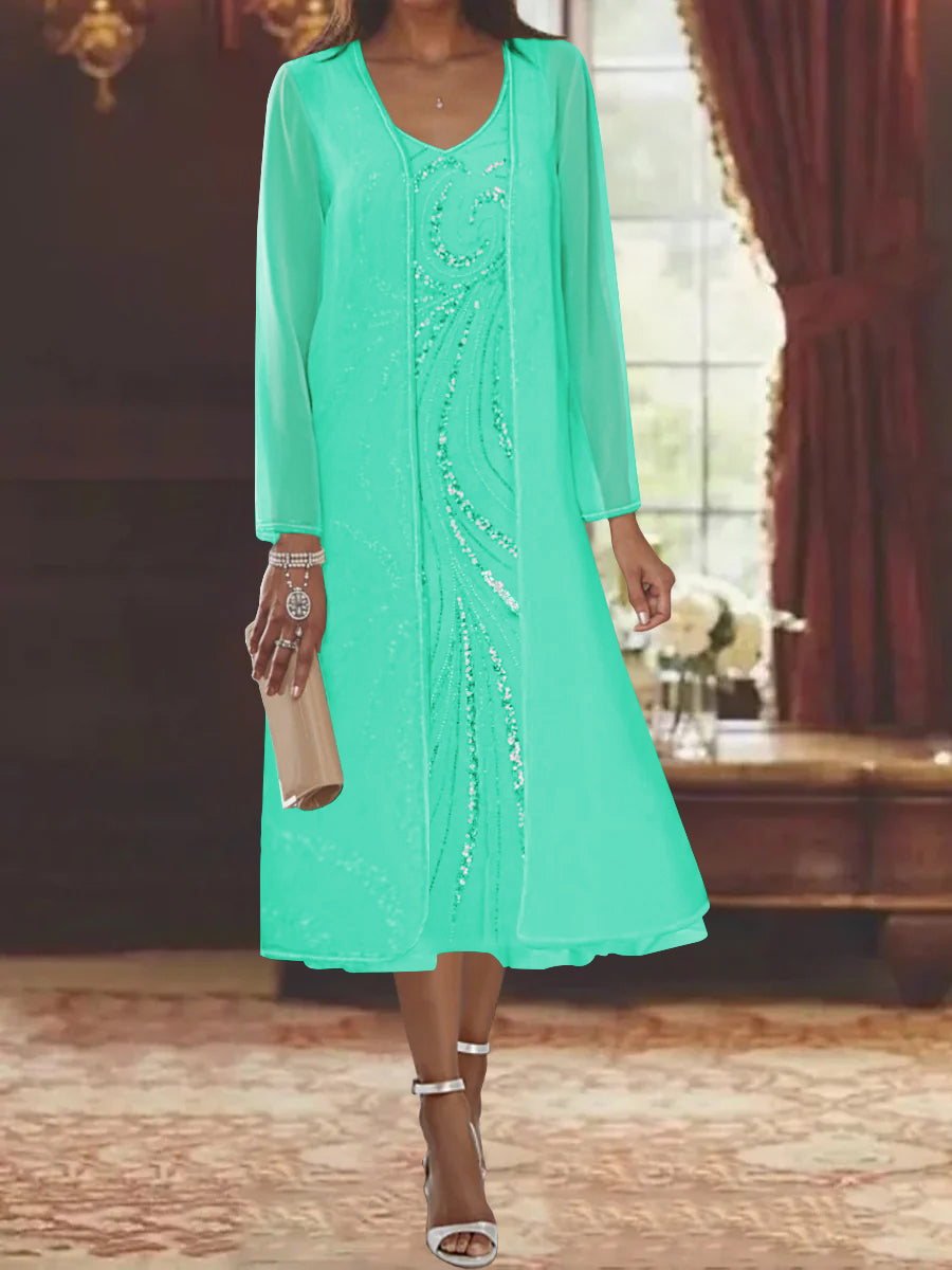 V Neck Long Sleeve Tea Length Mother of the Bride Dress with Jacket and Sequins