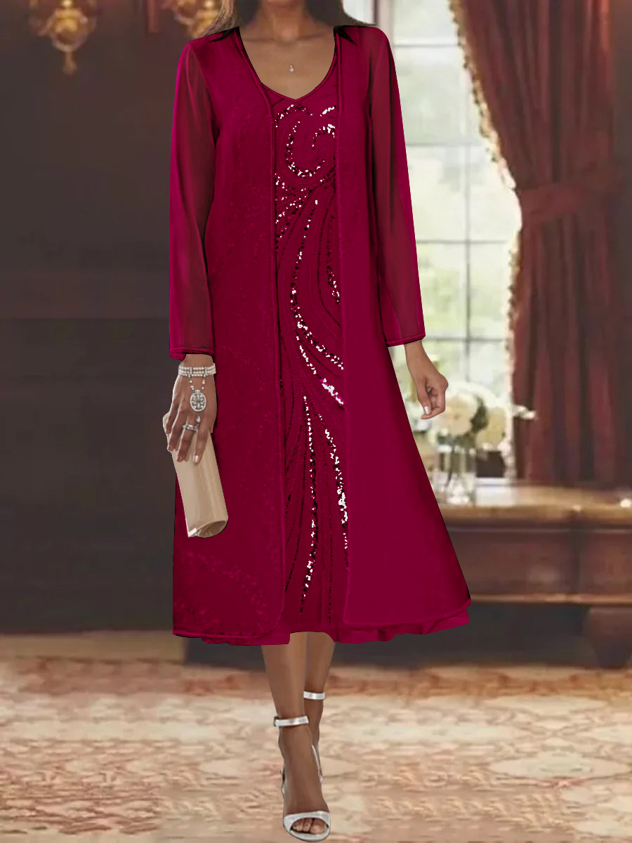 V Neck Long Sleeve Tea Length Mother of the Bride Dress with Jacket and Sequins