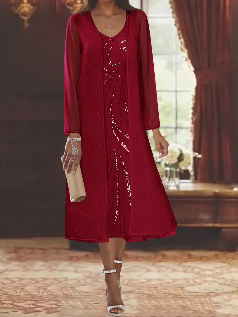 V Neck Long Sleeve Tea Length Mother of the Bride Dress with Jacket and Sequins