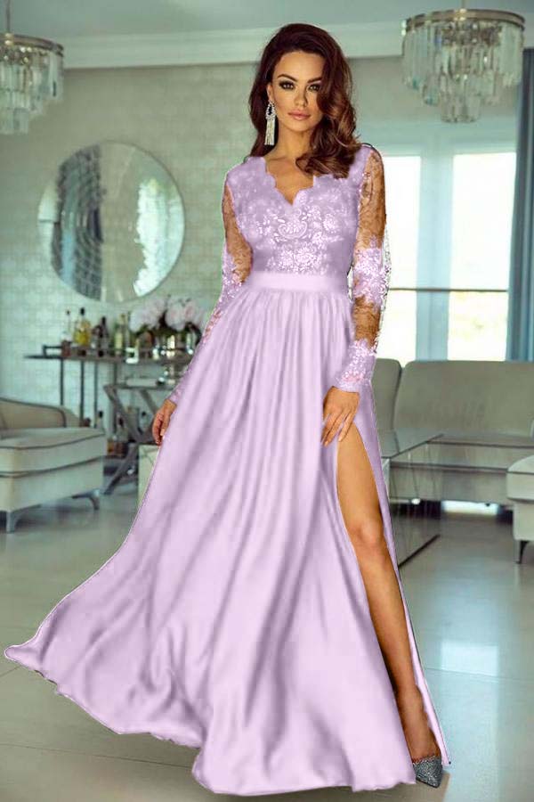 V Neck Long Sleeve Wedding Guest Dress Lace A Line Long Evening Formal Dress With Side Split