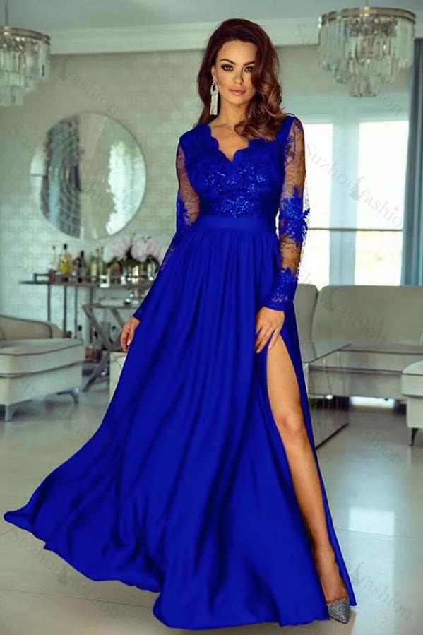 V Neck Long Sleeve Wedding Guest Dress Lace A Line Long Evening Formal Dress With Side Split
