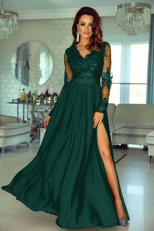 V Neck Long Sleeve Wedding Guest Dress Lace A Line Long Evening Formal Dress With Side Split