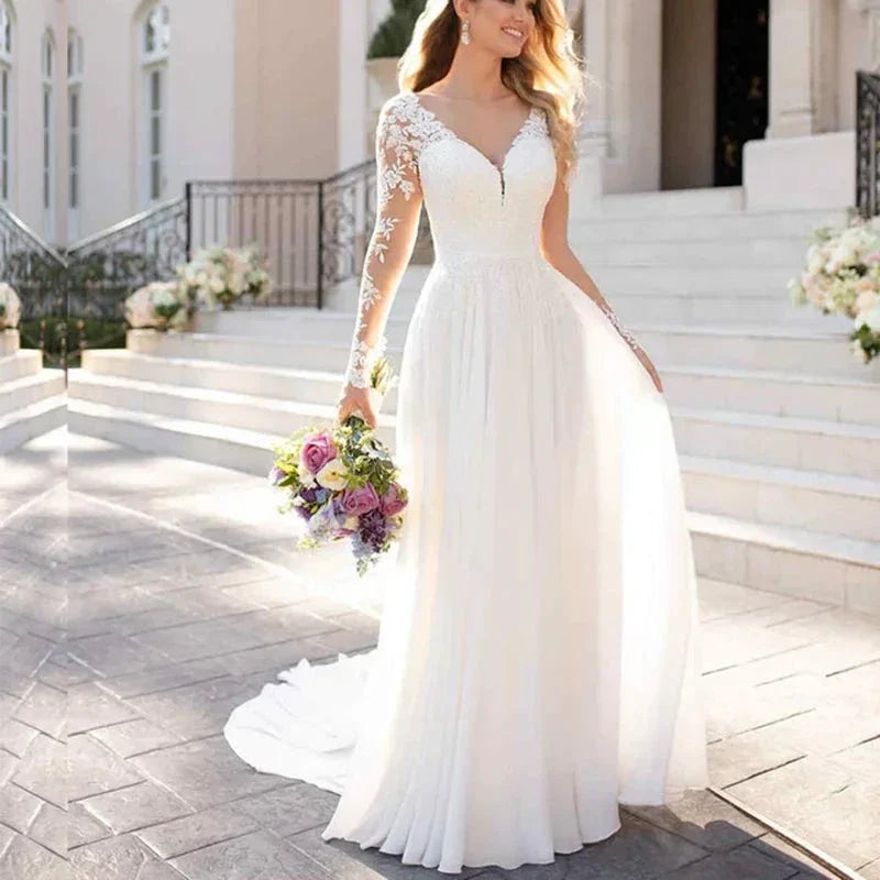 V Neck Long Sleeves Wedding Dresses Open Back White Lace Applique Bridal Dress For Wedding Party Country Vestido De Novia A-line (ZD13556) - VelvetHem