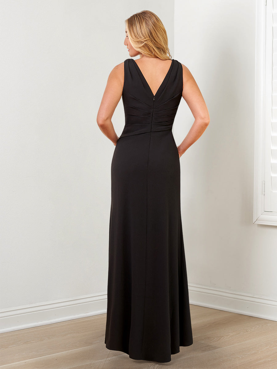 V Neck Mother of the Bride Column Dress with Side Split & Wraps