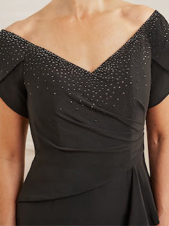 V Neck Mother of the Bride Sheath Column Dress with Beading Side Split and Ruffles
