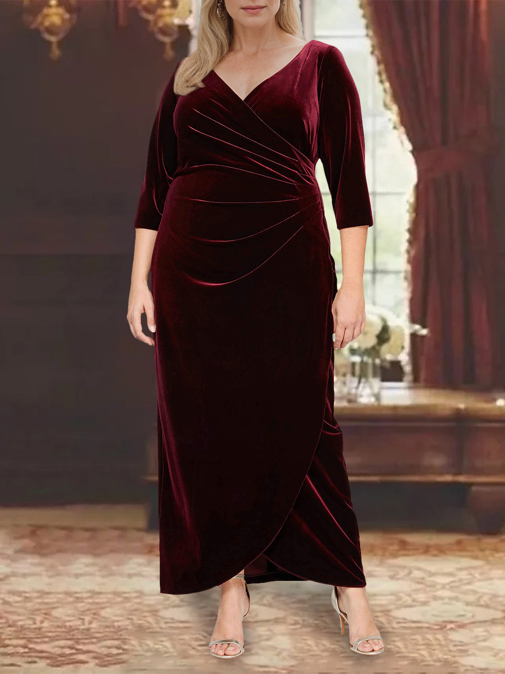 V Neck A Line Asymmetrical Mother of the Bride Dress with 3/4 Sleeves and Ruffles