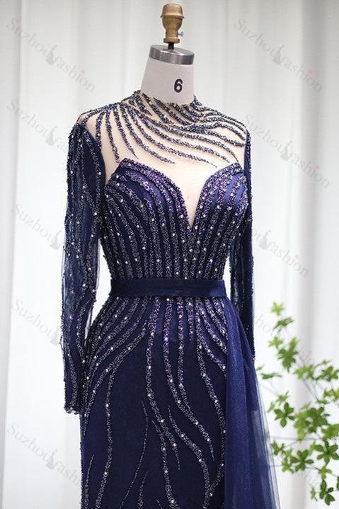 V Neck Prom Dress Long Sleeves Long Evening Formal Dress Tulle Ruffled With Appliques
