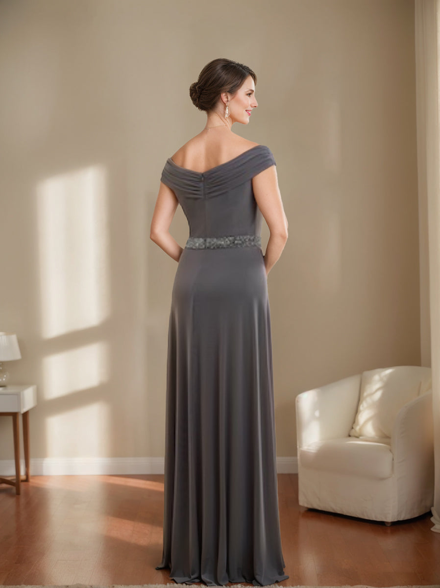 V Neck Ruched Sheath Column Mother of the Bride Dress with Beading
