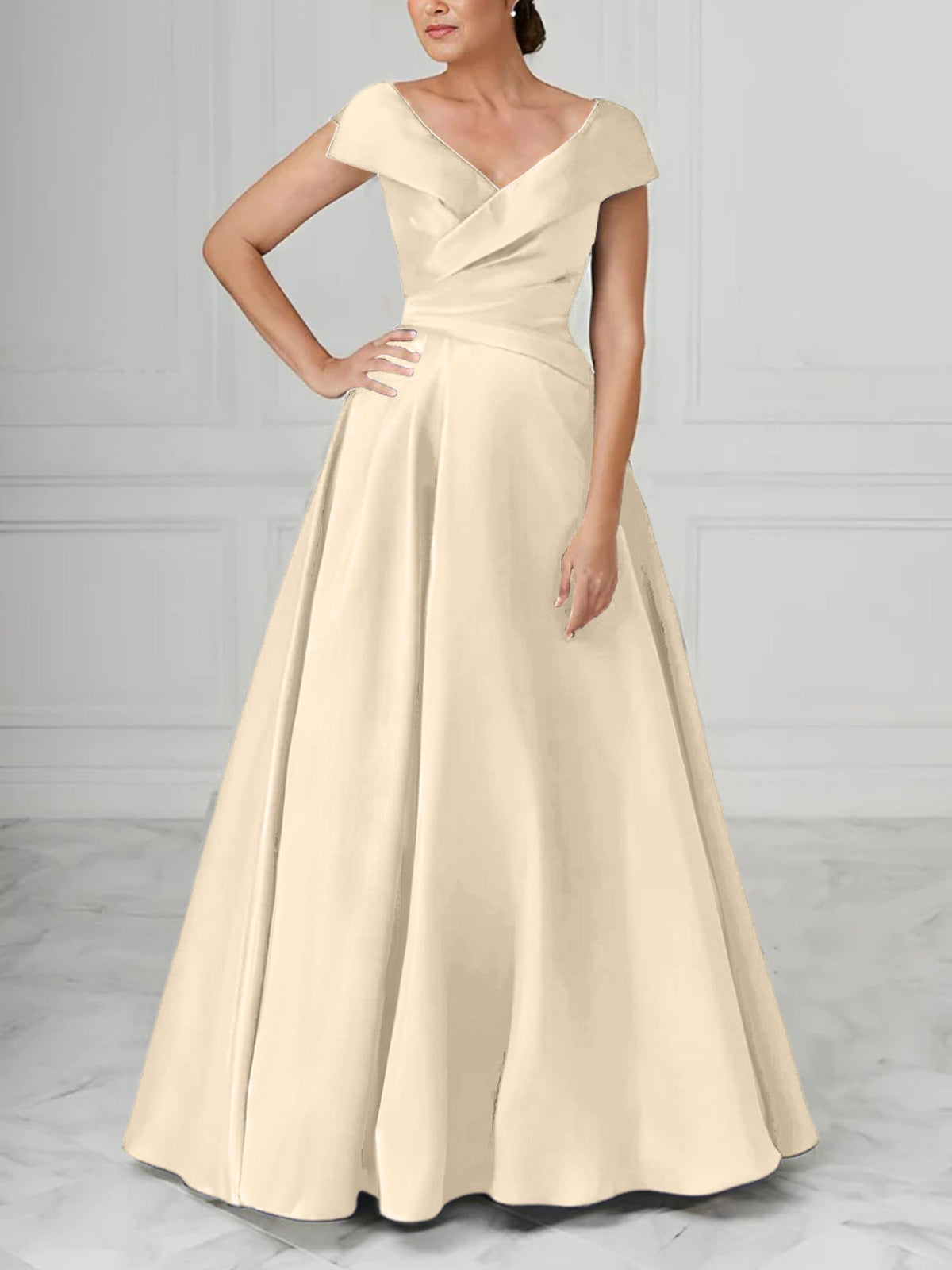 V Neck Satin A Line Mother of the Bride Dress with Ruched Details