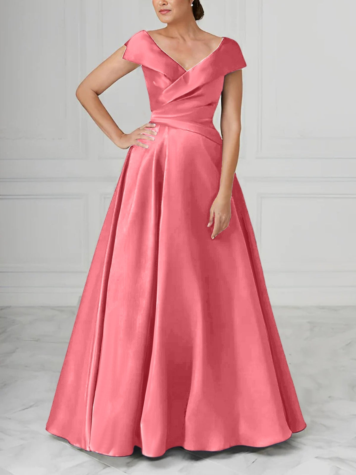 V Neck Satin A Line Mother of the Bride Dress with Ruched Details