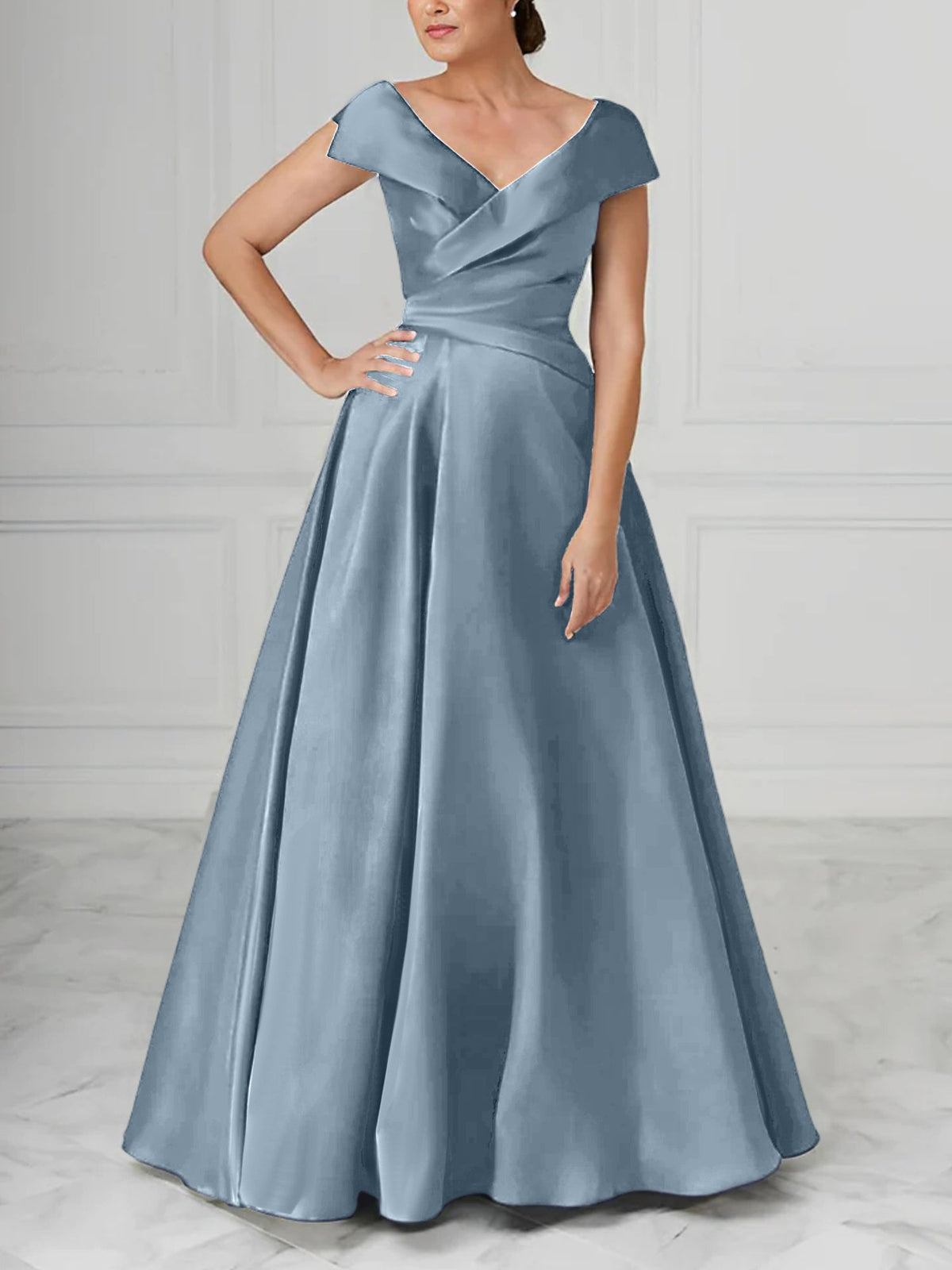 V Neck Satin A Line Mother of the Bride Dress with Ruched Details