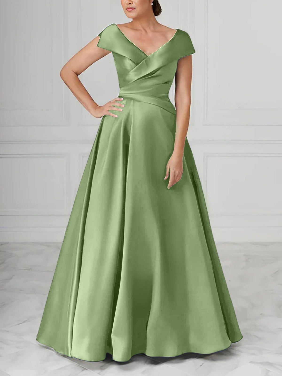 V Neck Satin A Line Mother of the Bride Dress with Ruched Details