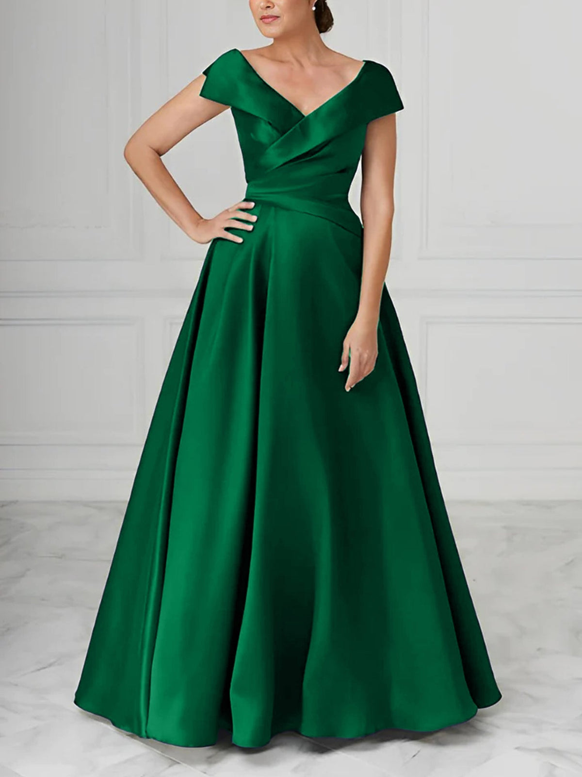 V Neck Satin A Line Mother of the Bride Dress with Ruched Details