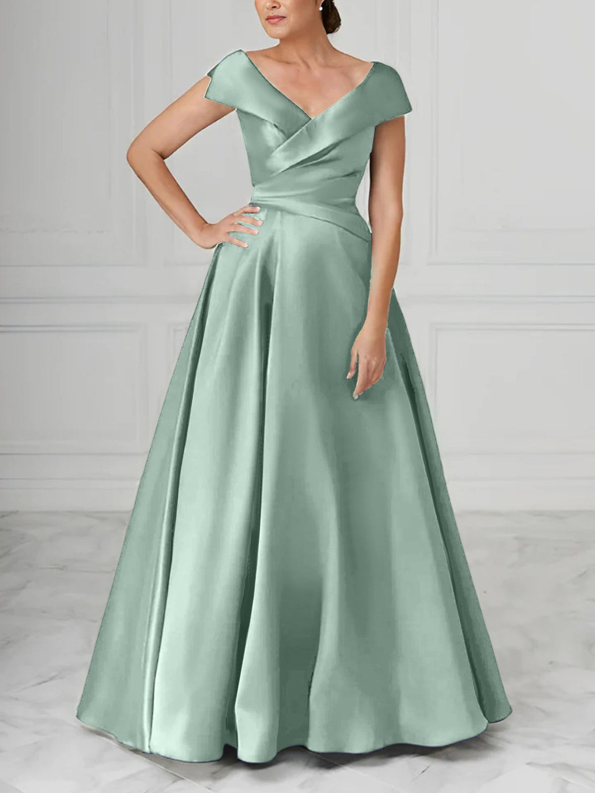 V Neck Satin A Line Mother of the Bride Dress with Ruched Details
