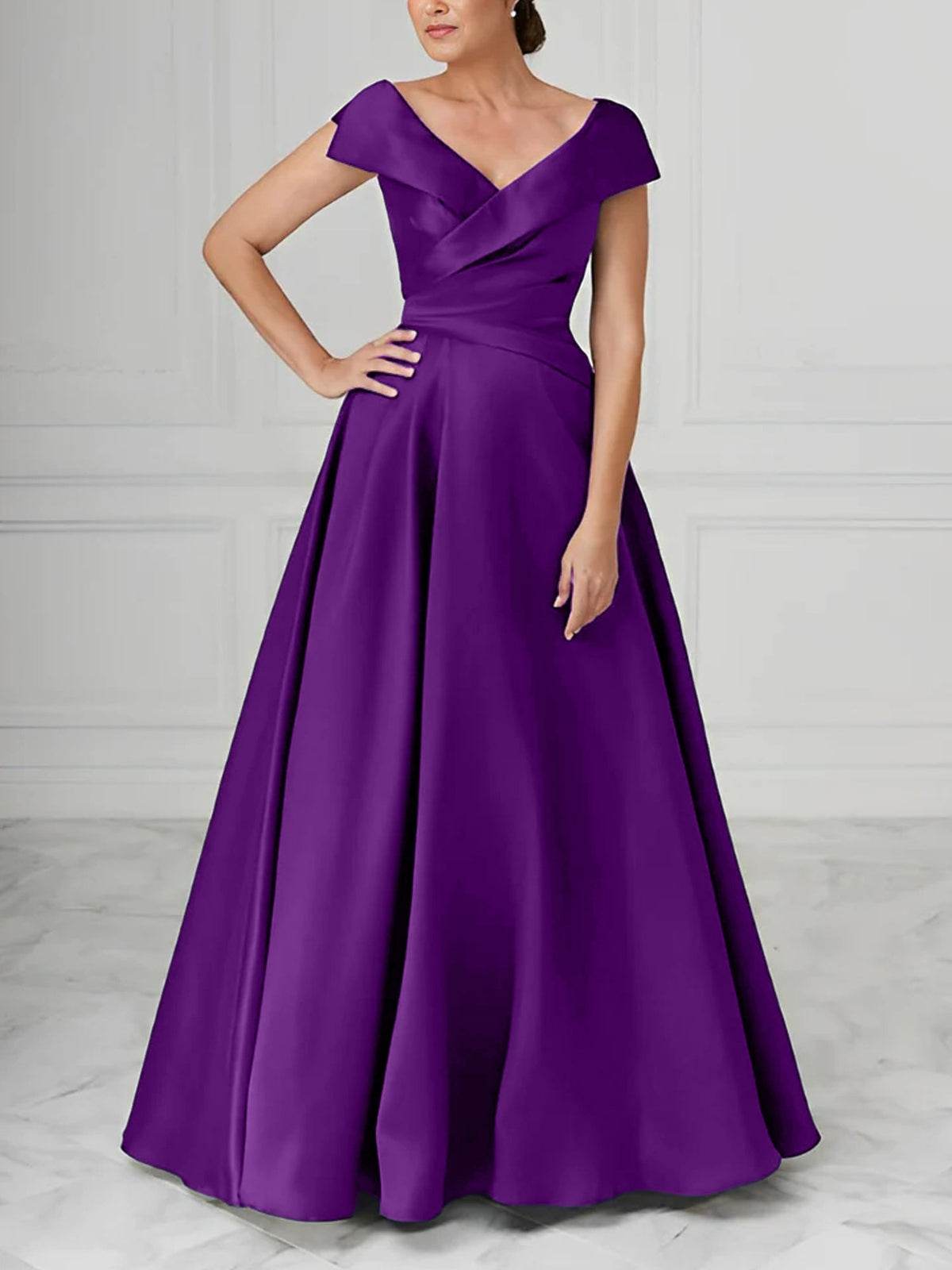V Neck Satin A Line Mother of the Bride Dress with Ruched Details