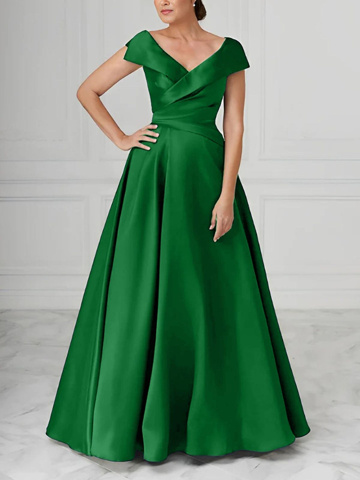 V Neck Satin A Line Mother of the Bride Dress with Ruched Details