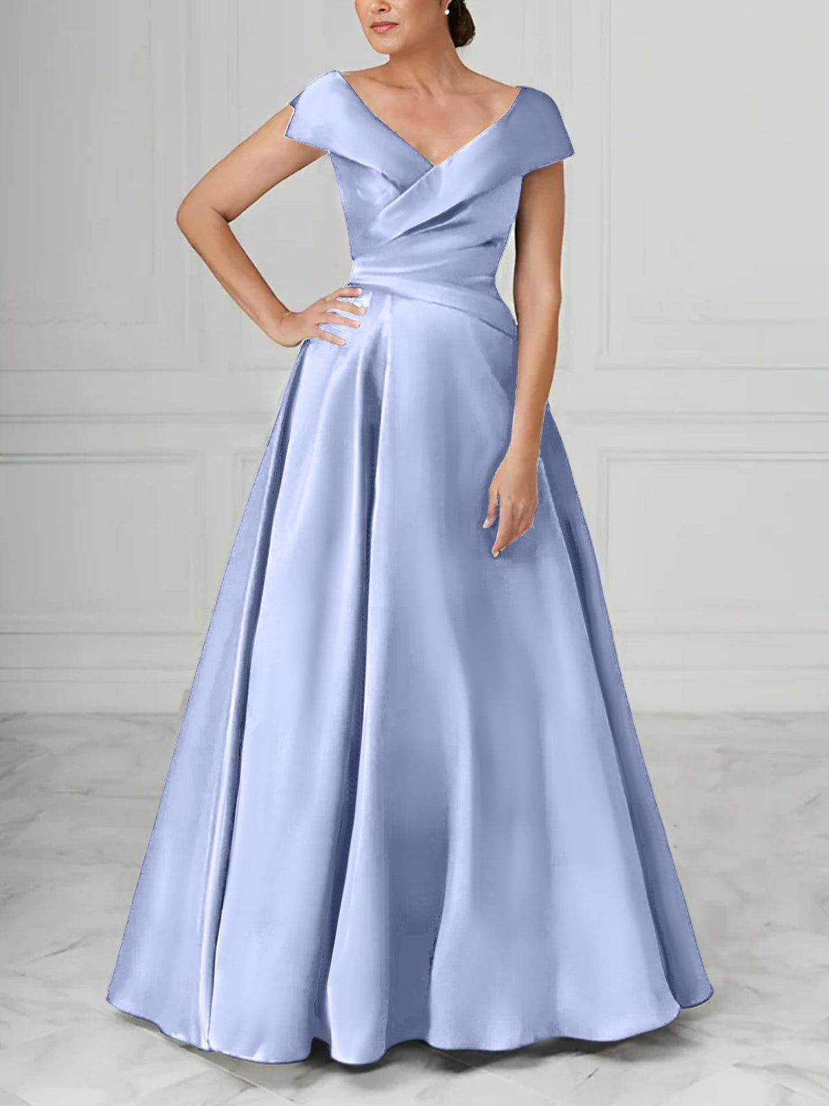 V Neck Satin A Line Mother of the Bride Dress with Ruched Details
