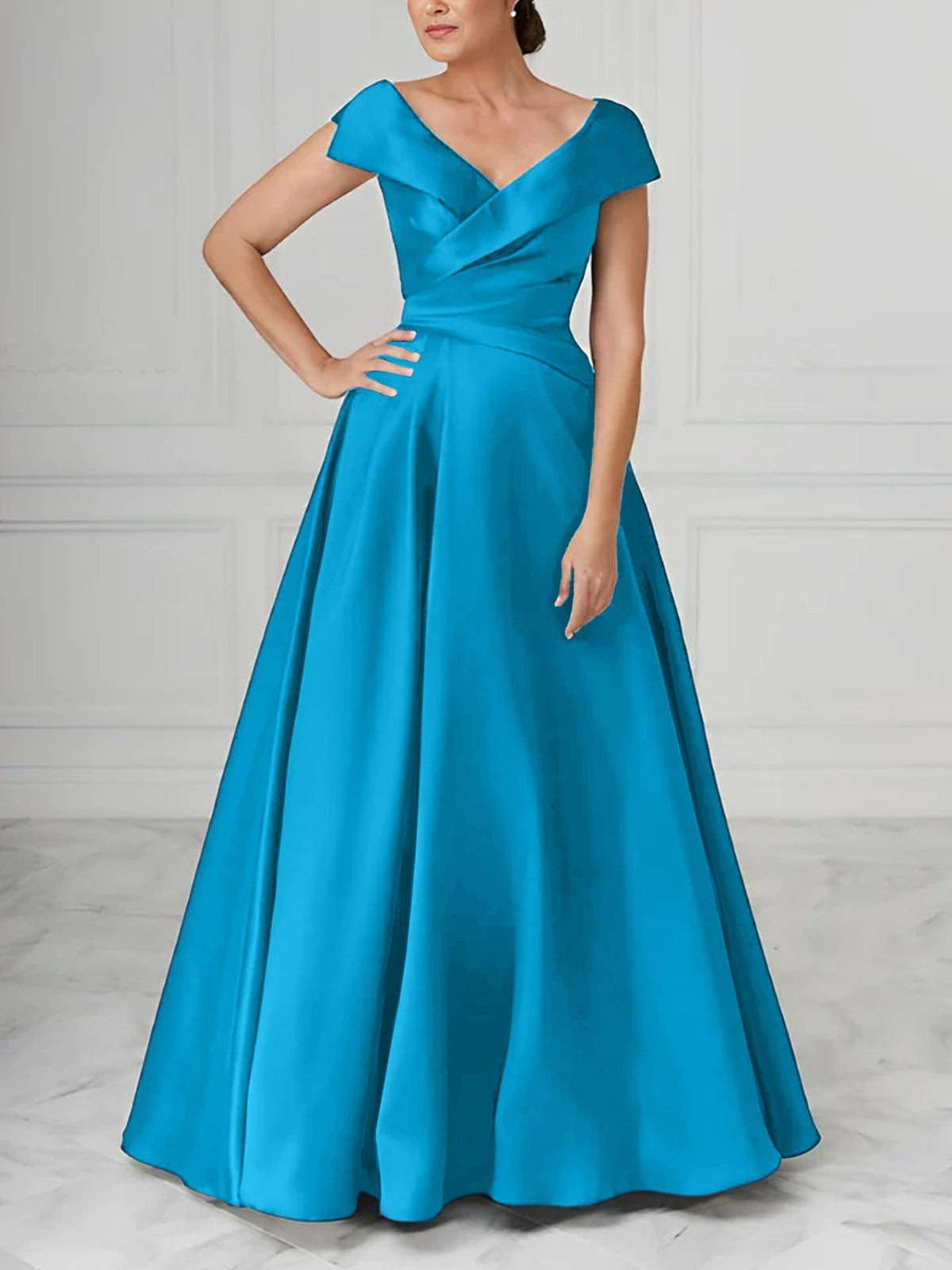 V Neck Satin A Line Mother of the Bride Dress with Ruched Details
