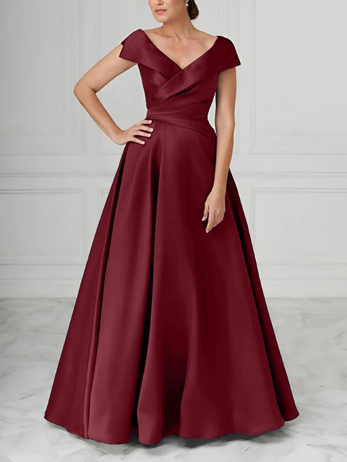 V Neck Satin A Line Mother of the Bride Dress with Ruched Details