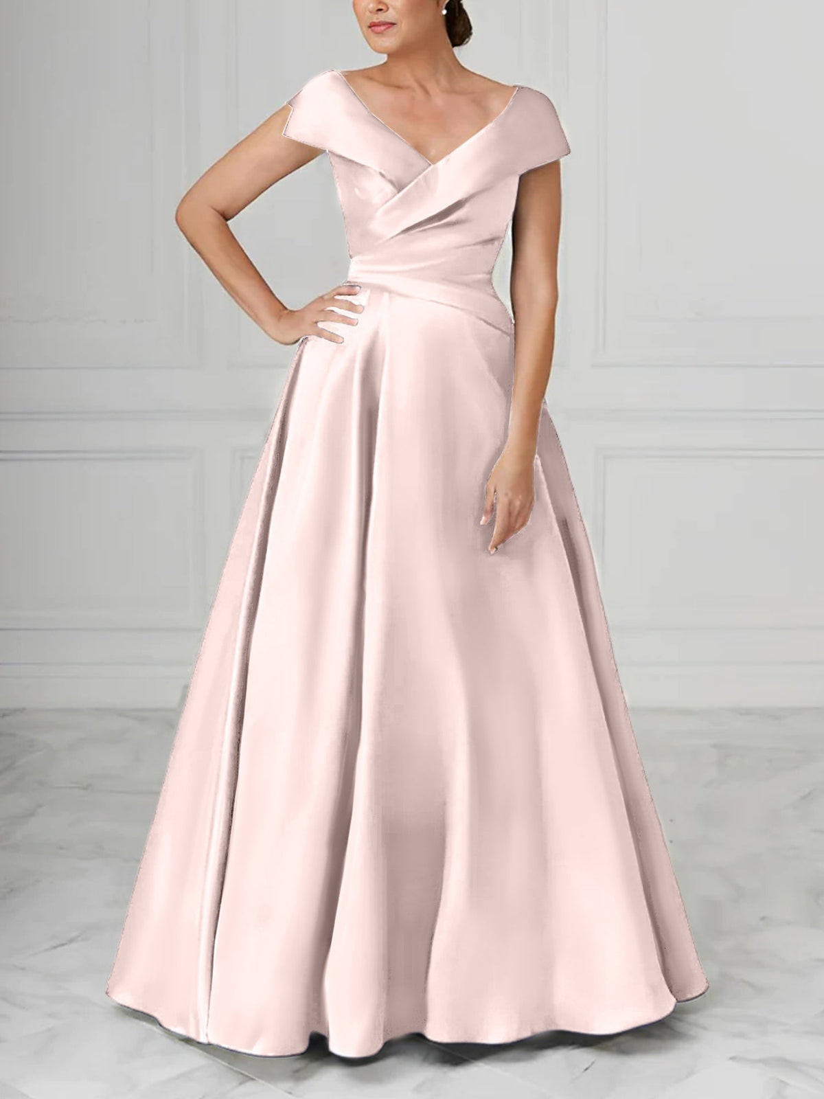 V Neck Satin A Line Mother of the Bride Dress with Ruched Details