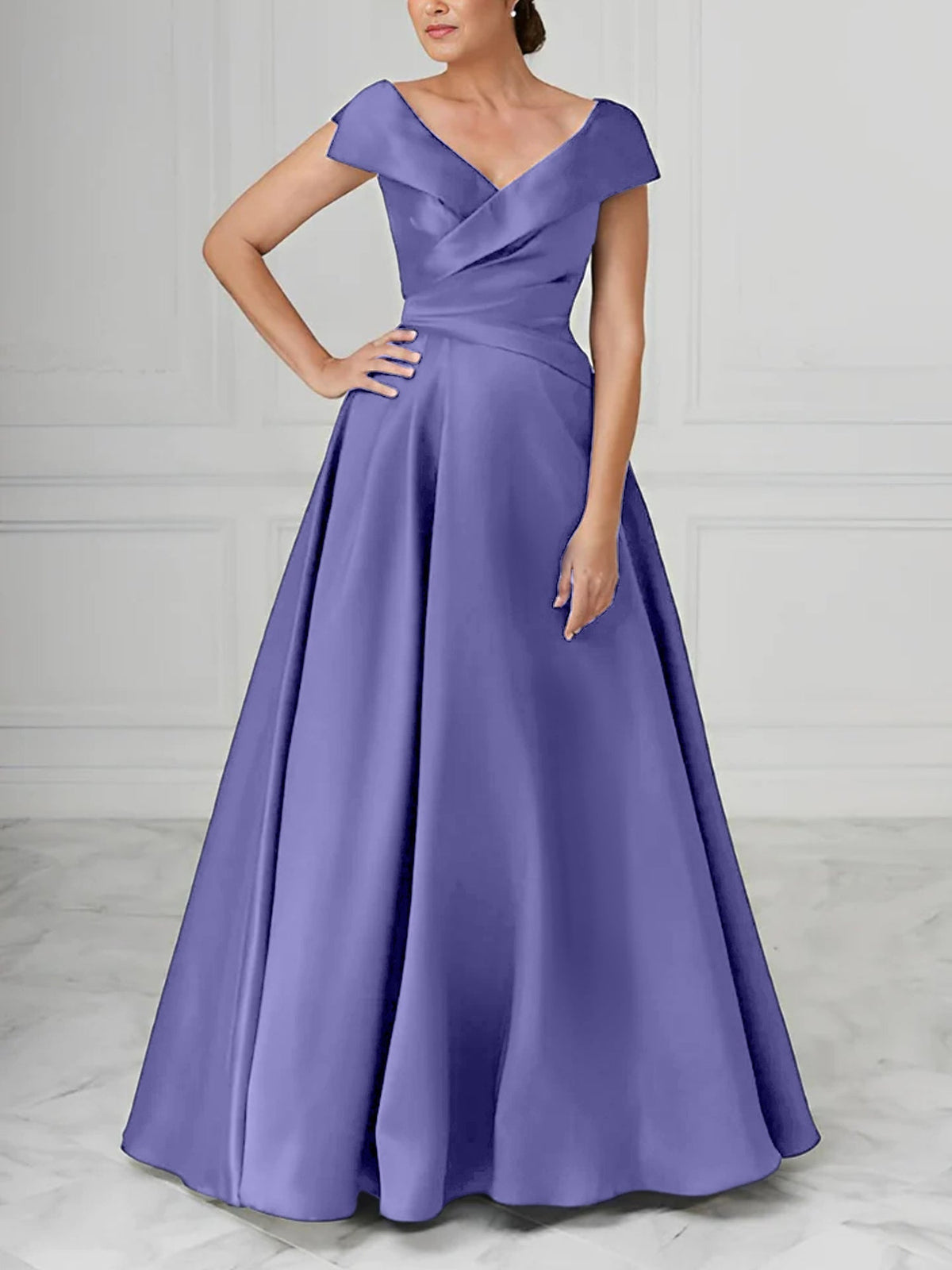V Neck Satin A Line Mother of the Bride Dress with Ruched Details