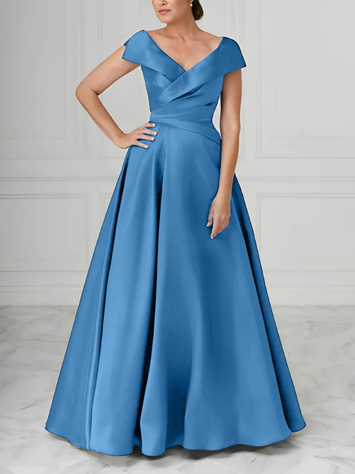 V Neck Satin A Line Mother of the Bride Dress with Ruched Details