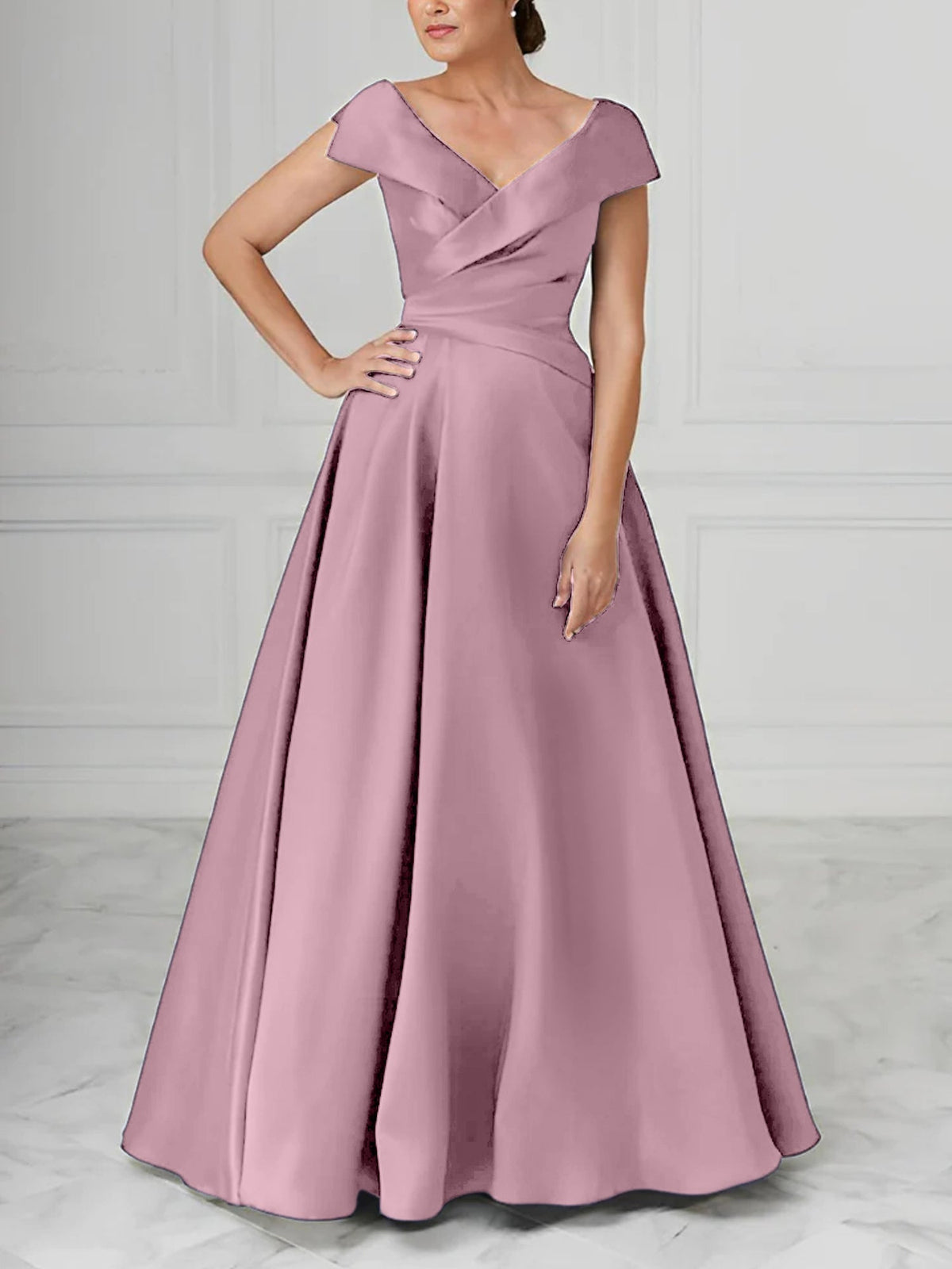 V Neck Satin A Line Mother of the Bride Dress with Ruched Details