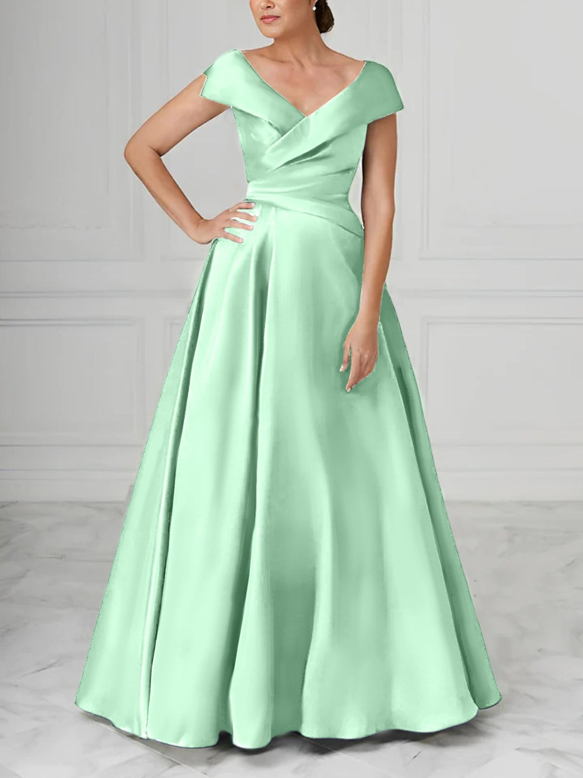 V Neck Satin A Line Mother of the Bride Dress with Ruched Details