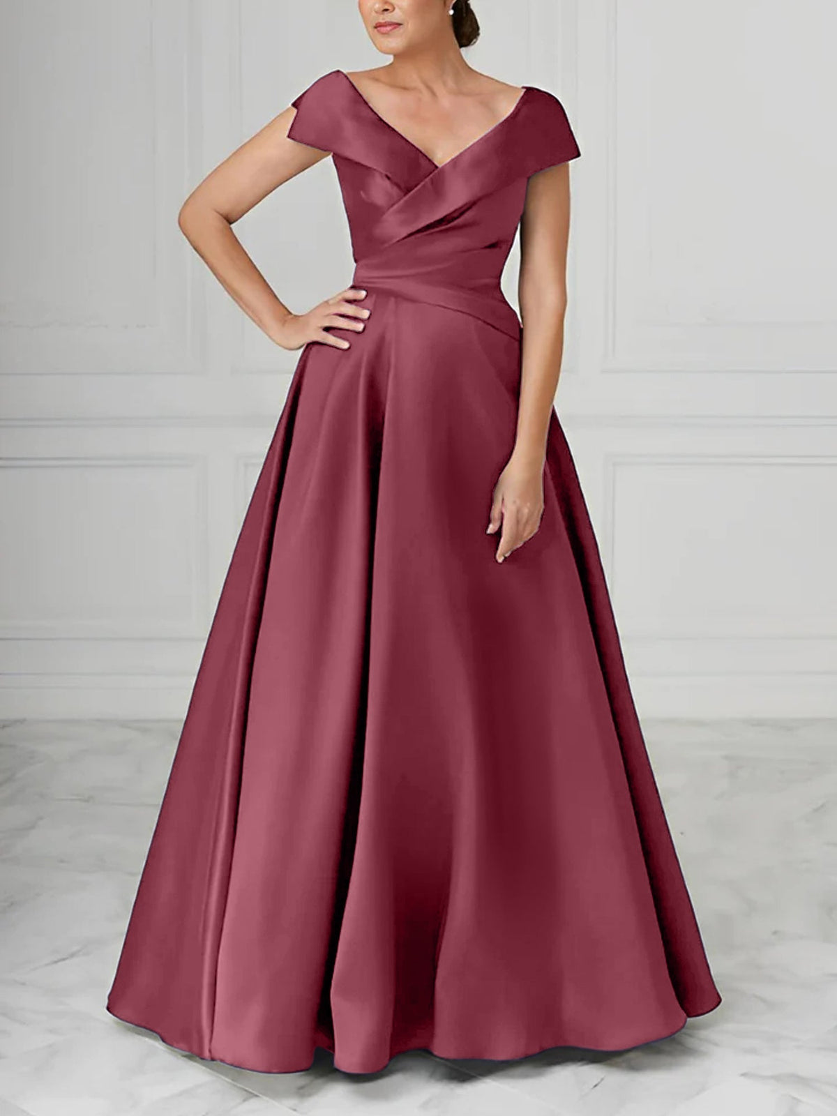 V Neck Satin A Line Mother of the Bride Dress with Ruched Details