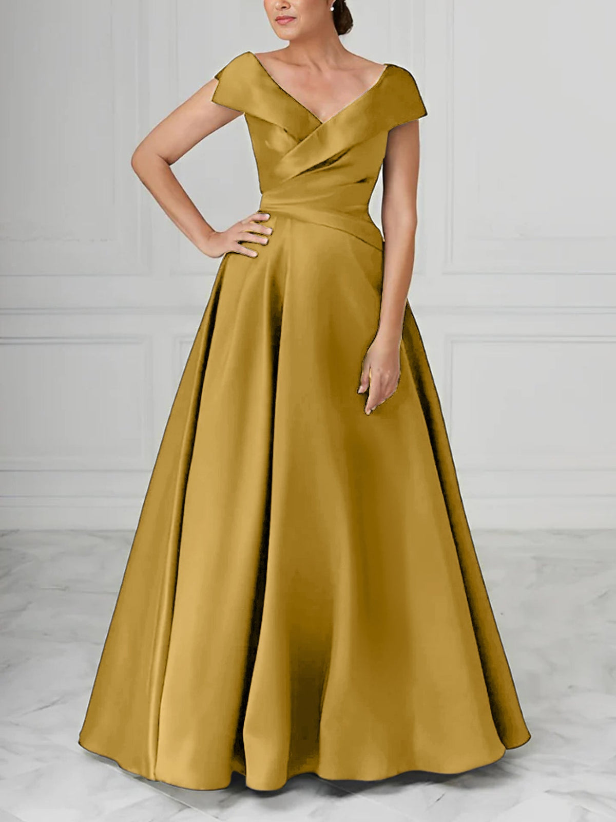 V Neck Satin A Line Mother of the Bride Dress with Ruched Details
