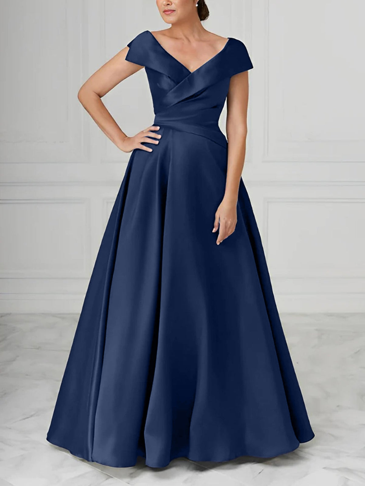 V Neck Satin A Line Mother of the Bride Dress with Ruched Details