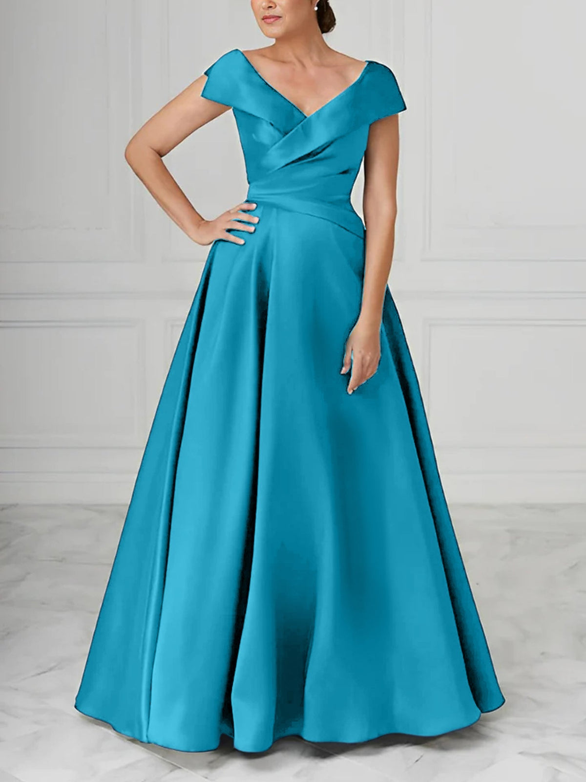 V Neck Satin A Line Mother of the Bride Dress with Ruched Details