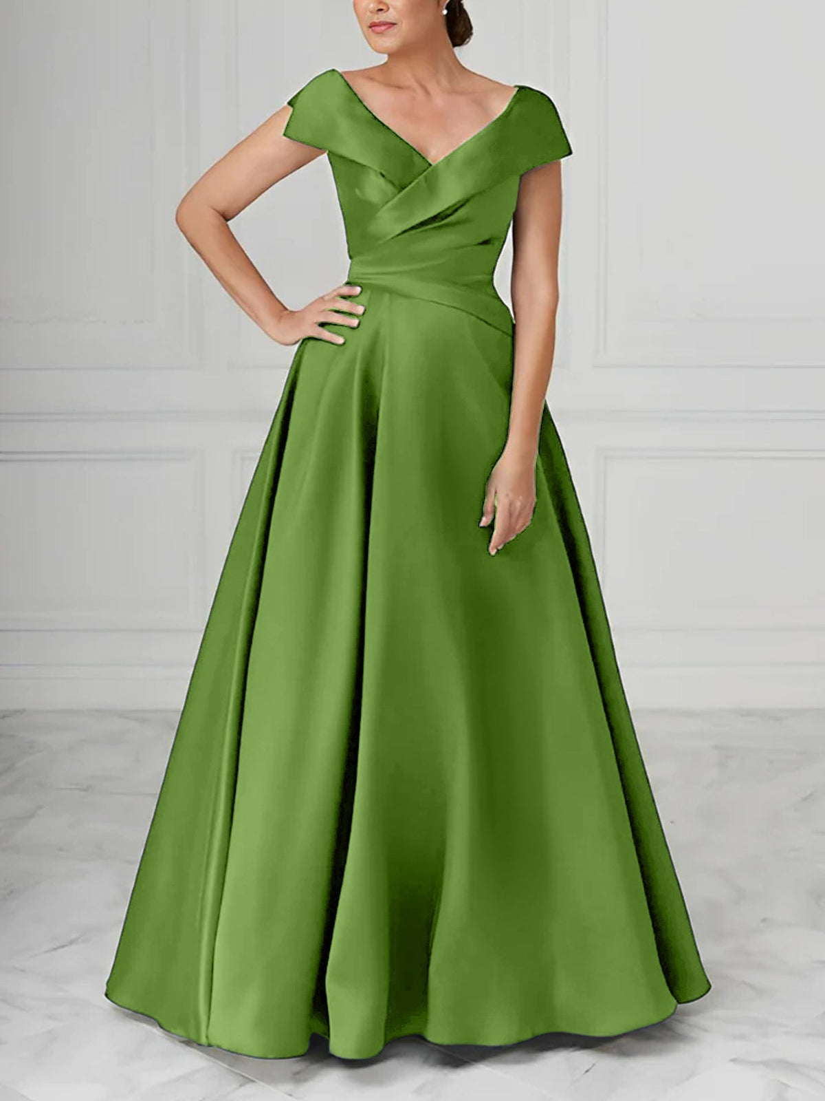 V Neck Satin A Line Mother of the Bride Dress with Ruched Details