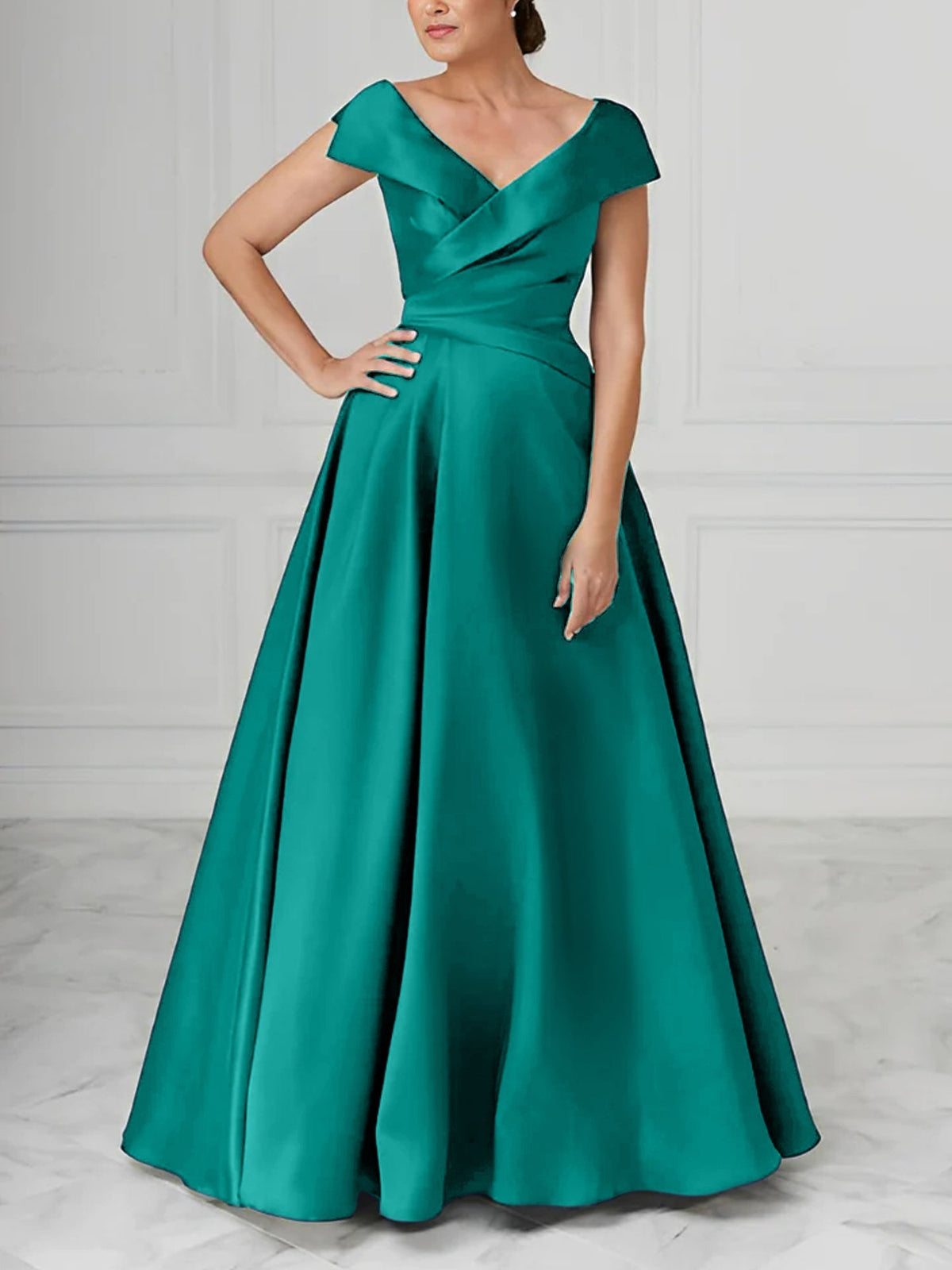 V Neck Satin A Line Mother of the Bride Dress with Ruched Details