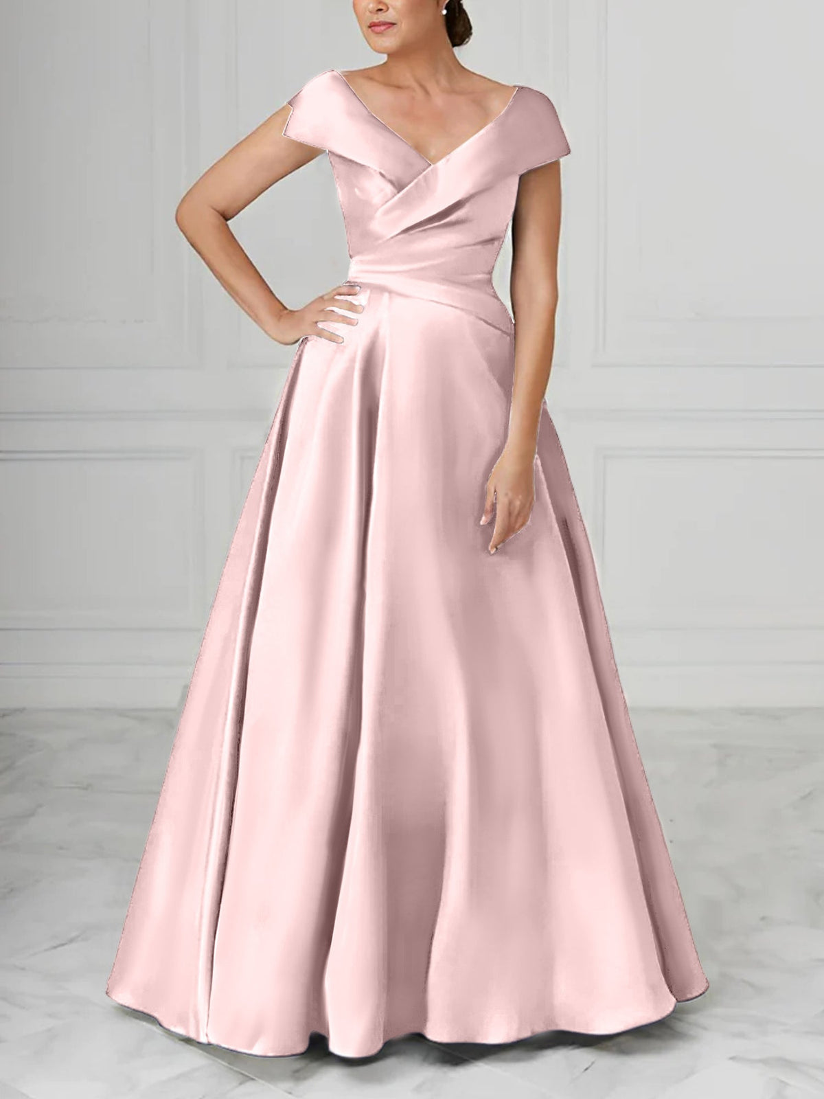 V Neck Satin A Line Mother of the Bride Dress with Ruched Details