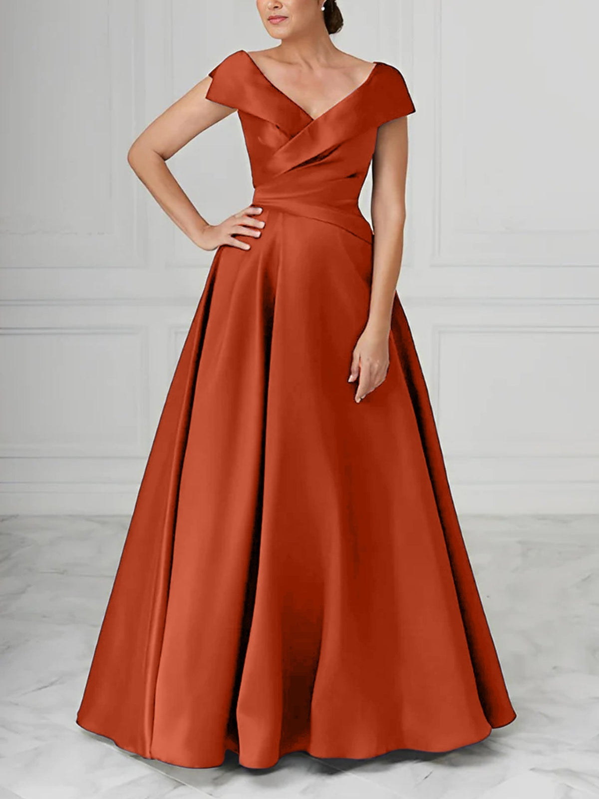 V Neck Satin A Line Mother of the Bride Dress with Ruched Details