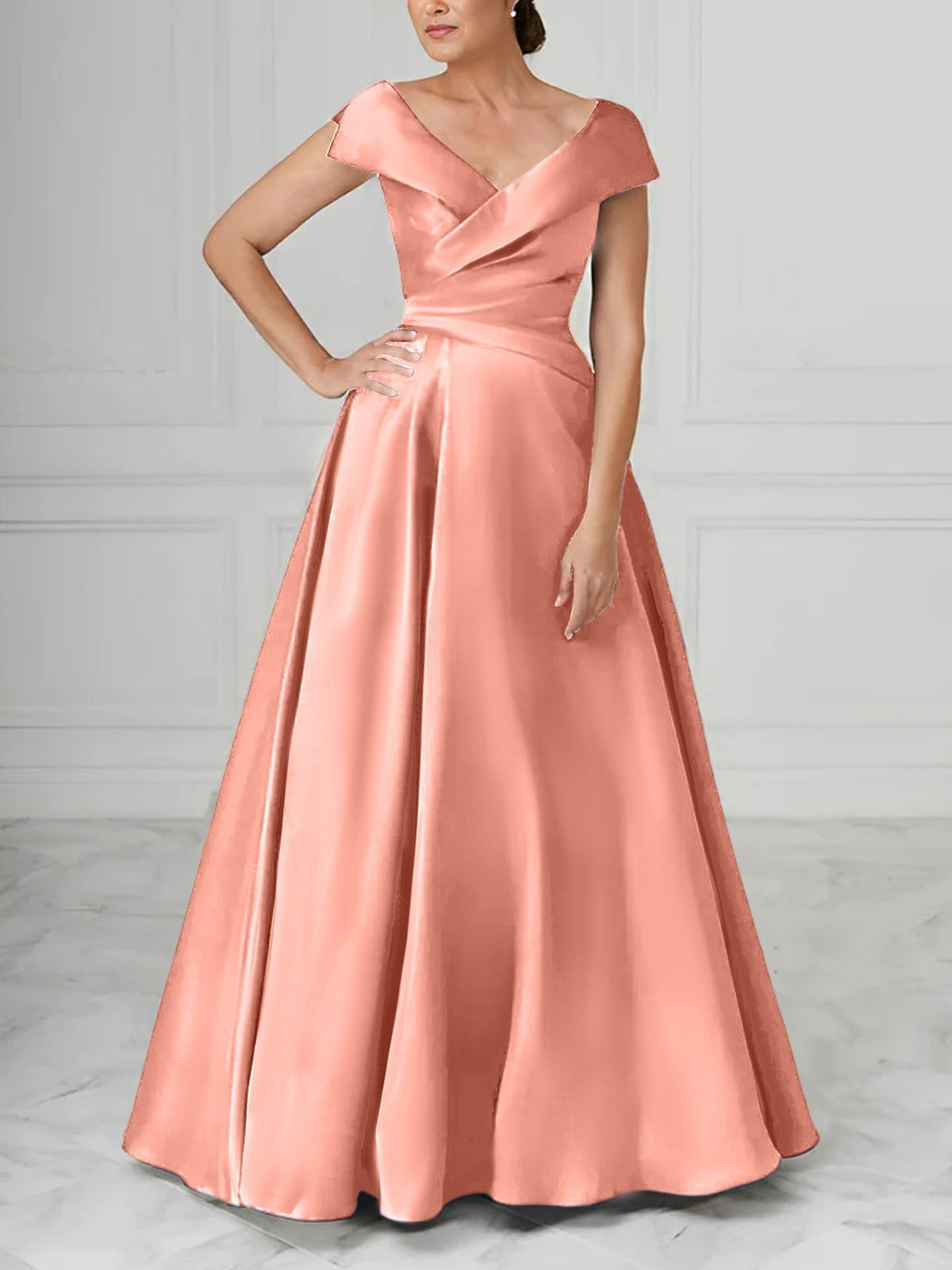 V Neck Satin A Line Mother of the Bride Dress with Ruched Details