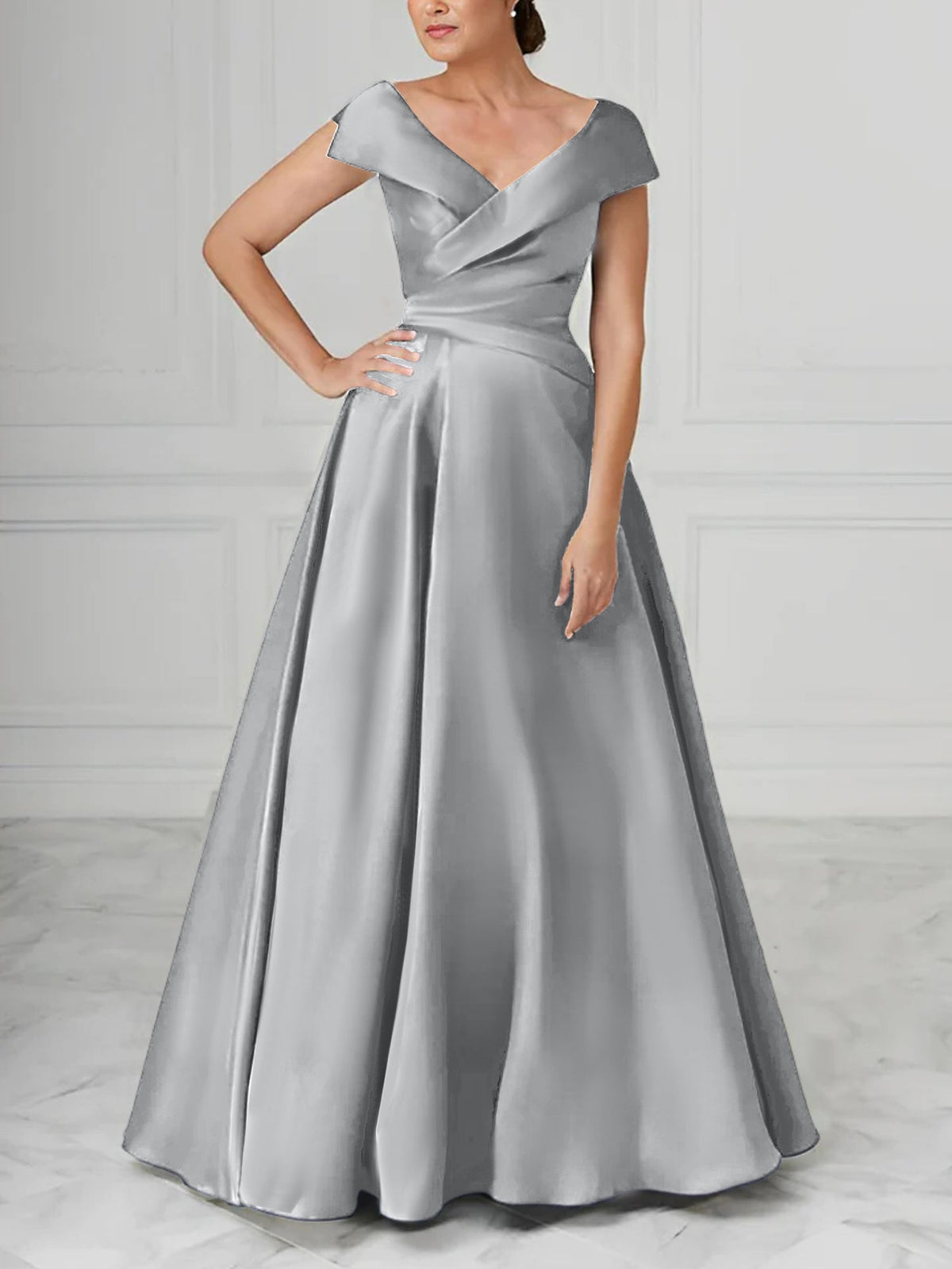 V Neck Satin A Line Mother of the Bride Dress with Ruched Details
