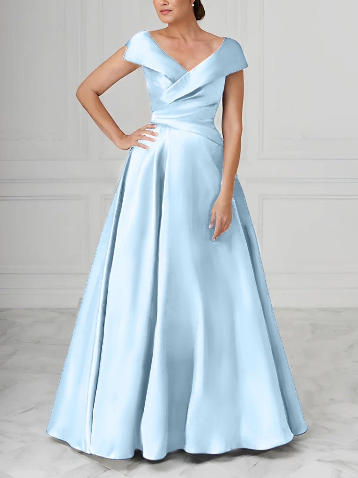 V Neck Satin A Line Mother of the Bride Dress with Ruched Details