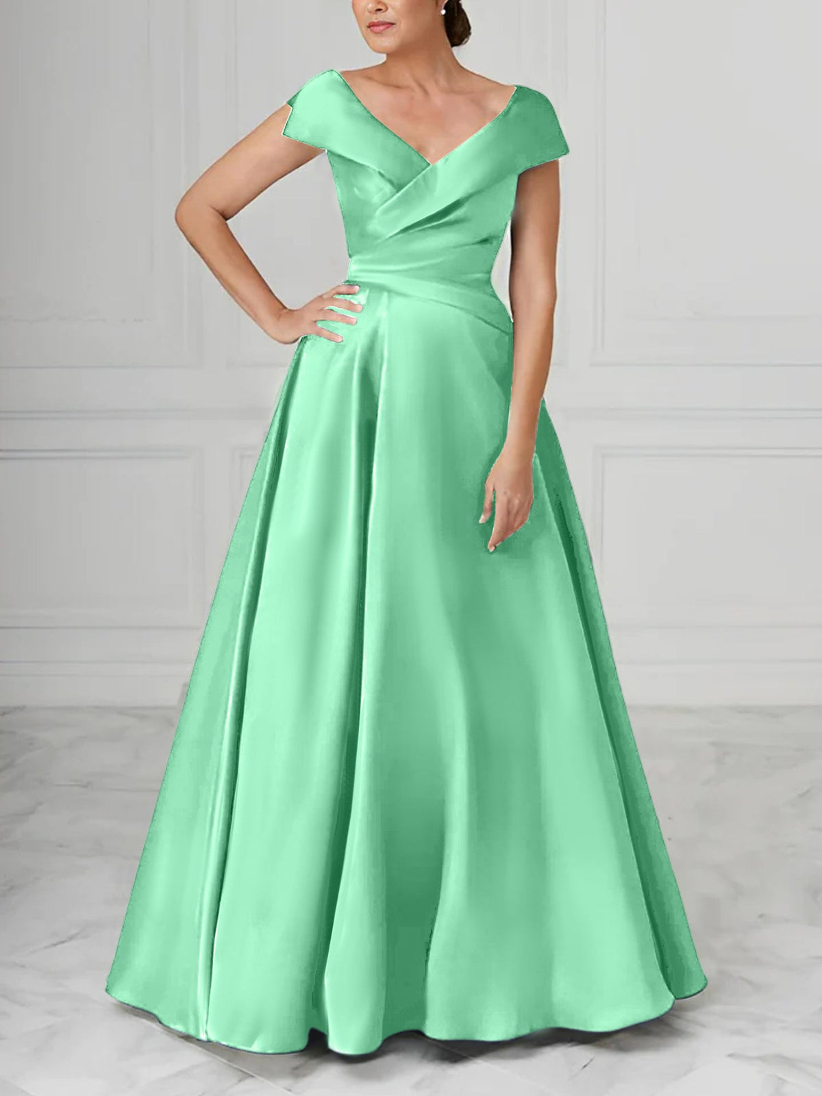 V Neck Satin A Line Mother of the Bride Dress with Ruched Details