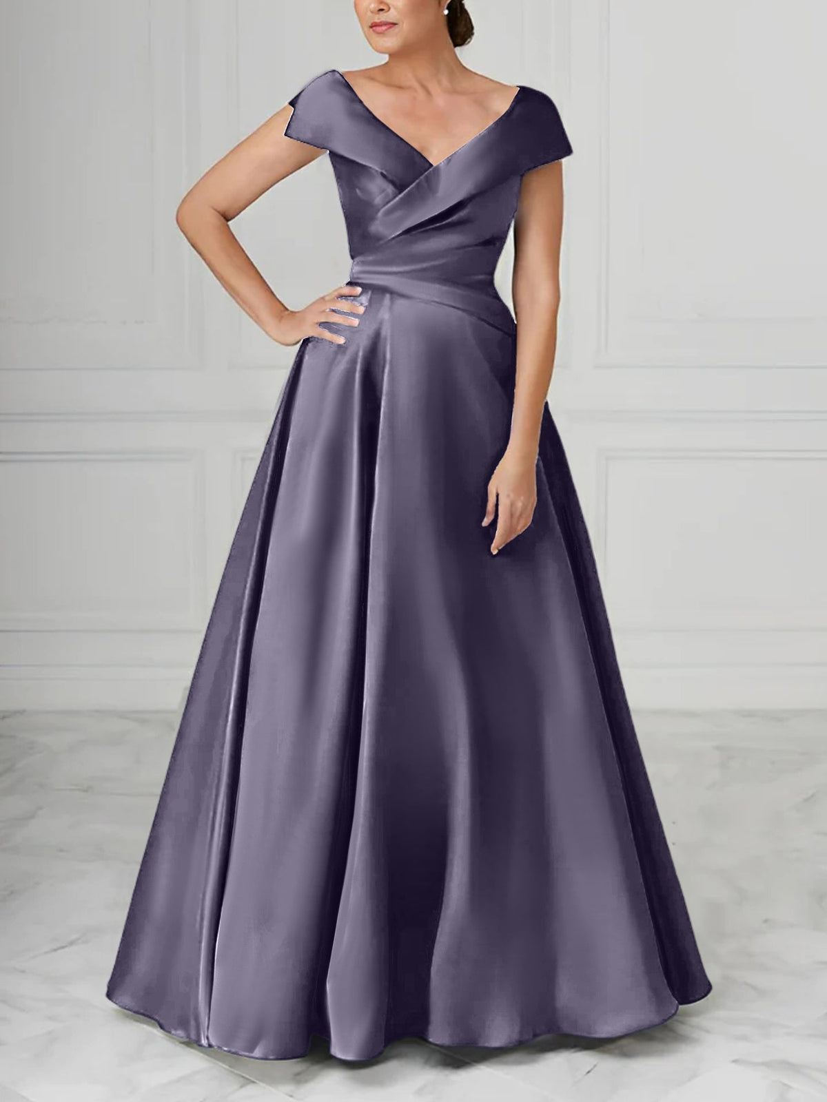 V Neck Satin A Line Mother of the Bride Dress with Ruched Details