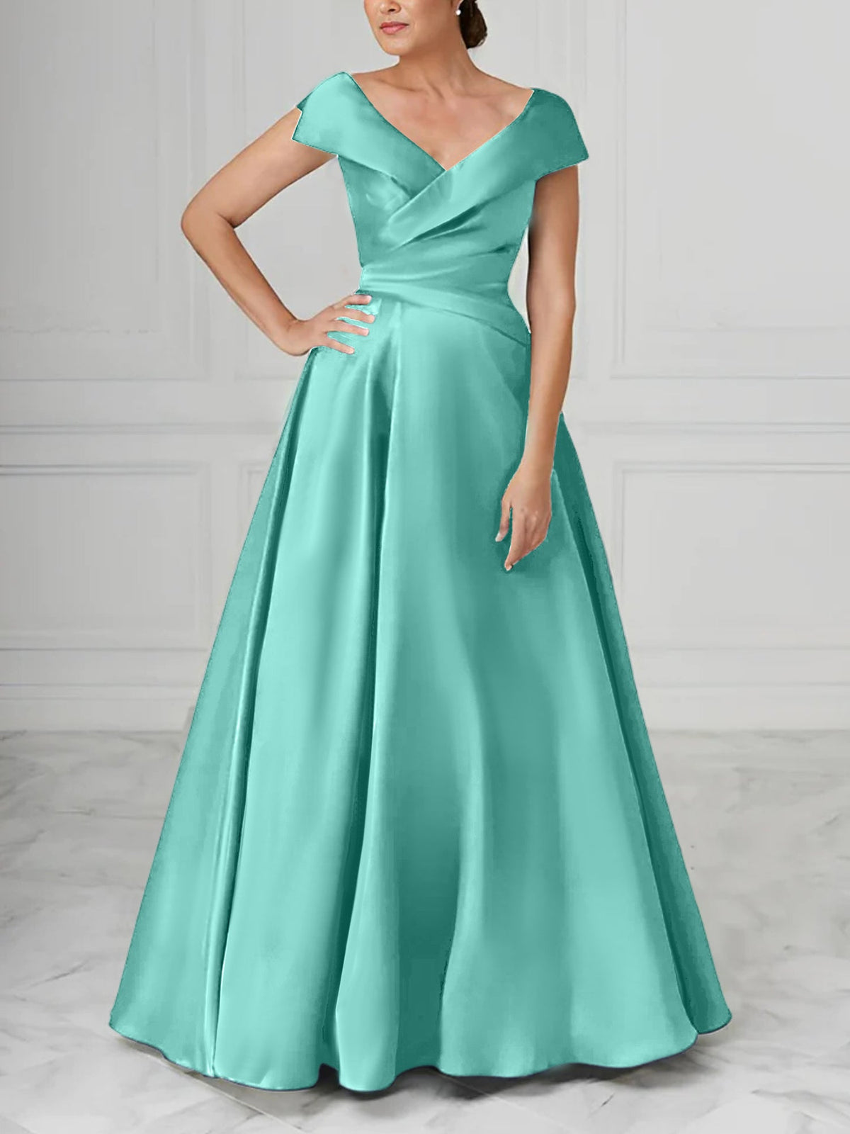 V Neck Satin A Line Mother of the Bride Dress with Ruched Details