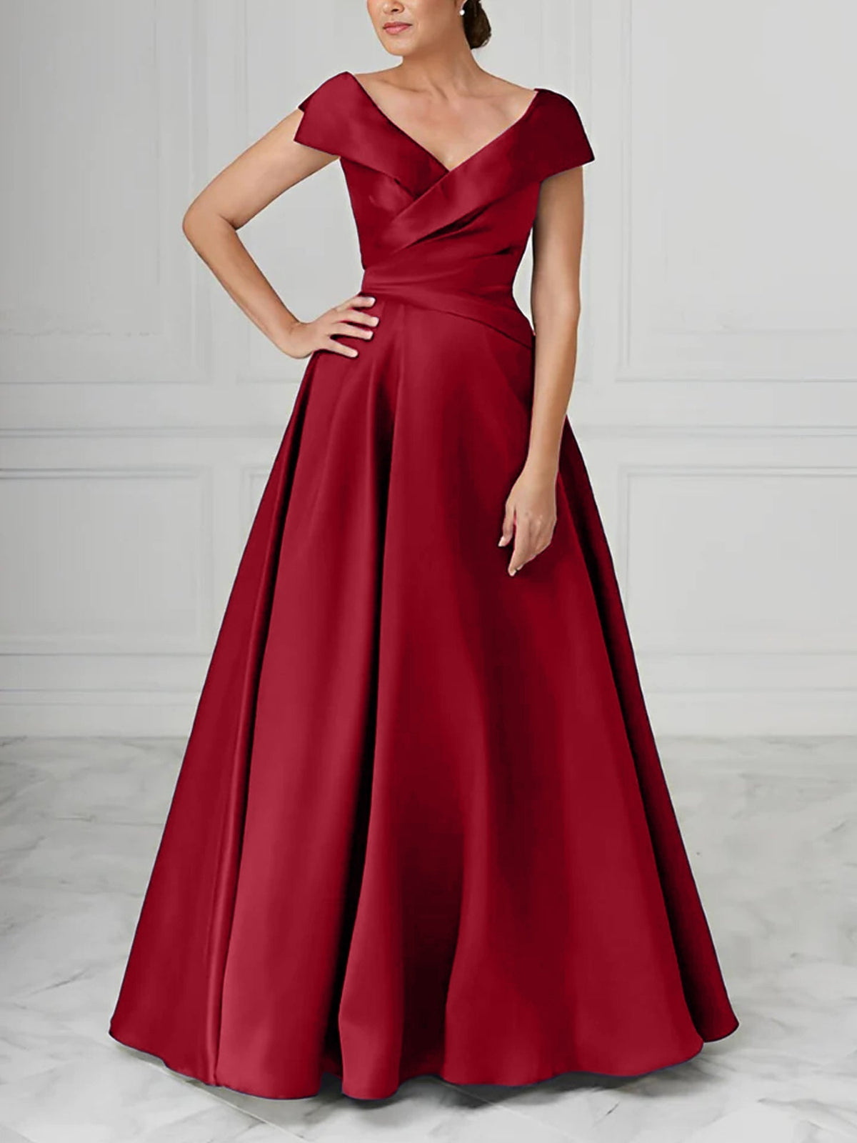 V Neck Satin A Line Mother of the Bride Dress with Ruched Details
