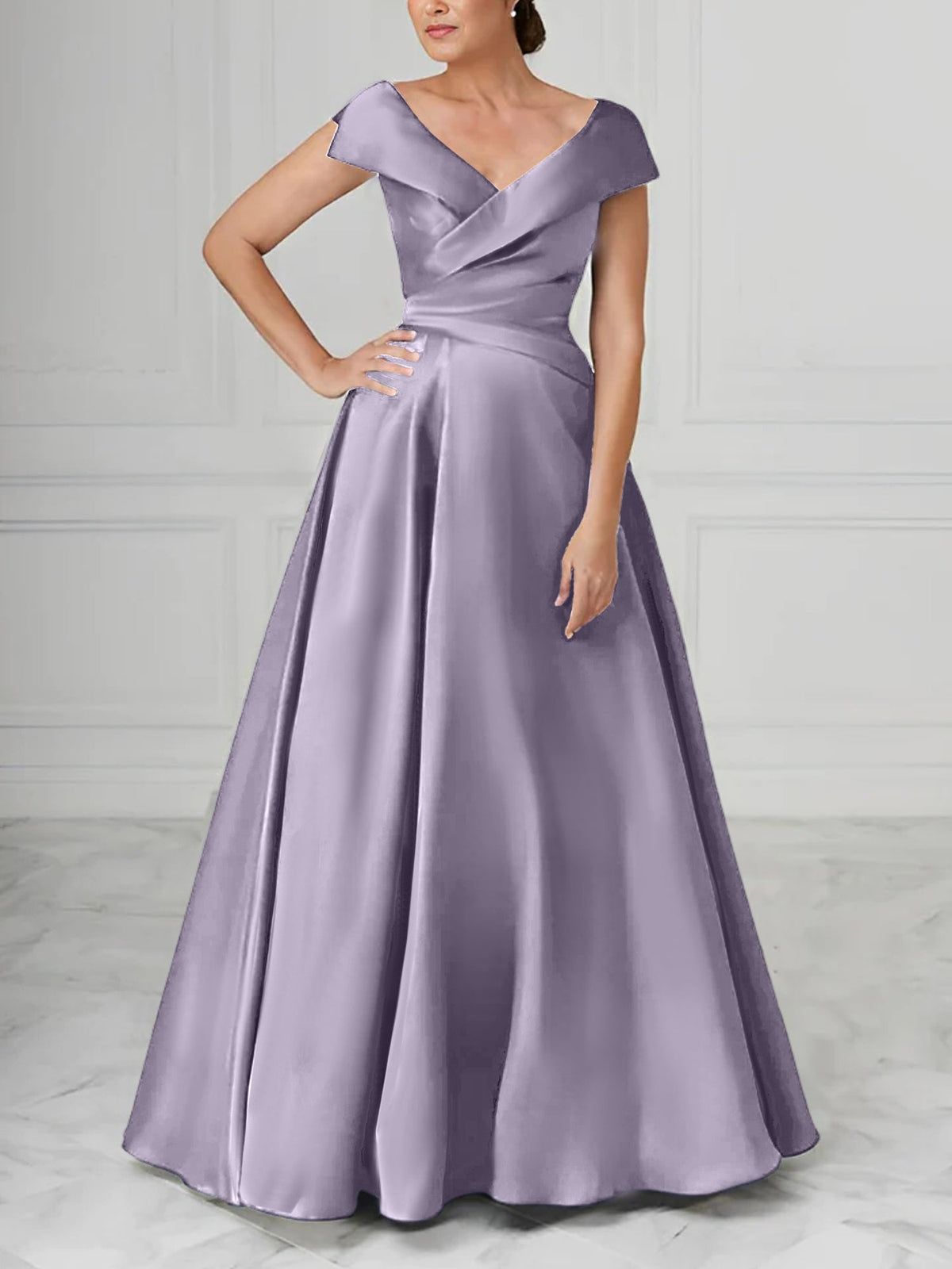 V Neck Satin A Line Mother of the Bride Dress with Ruched Details
