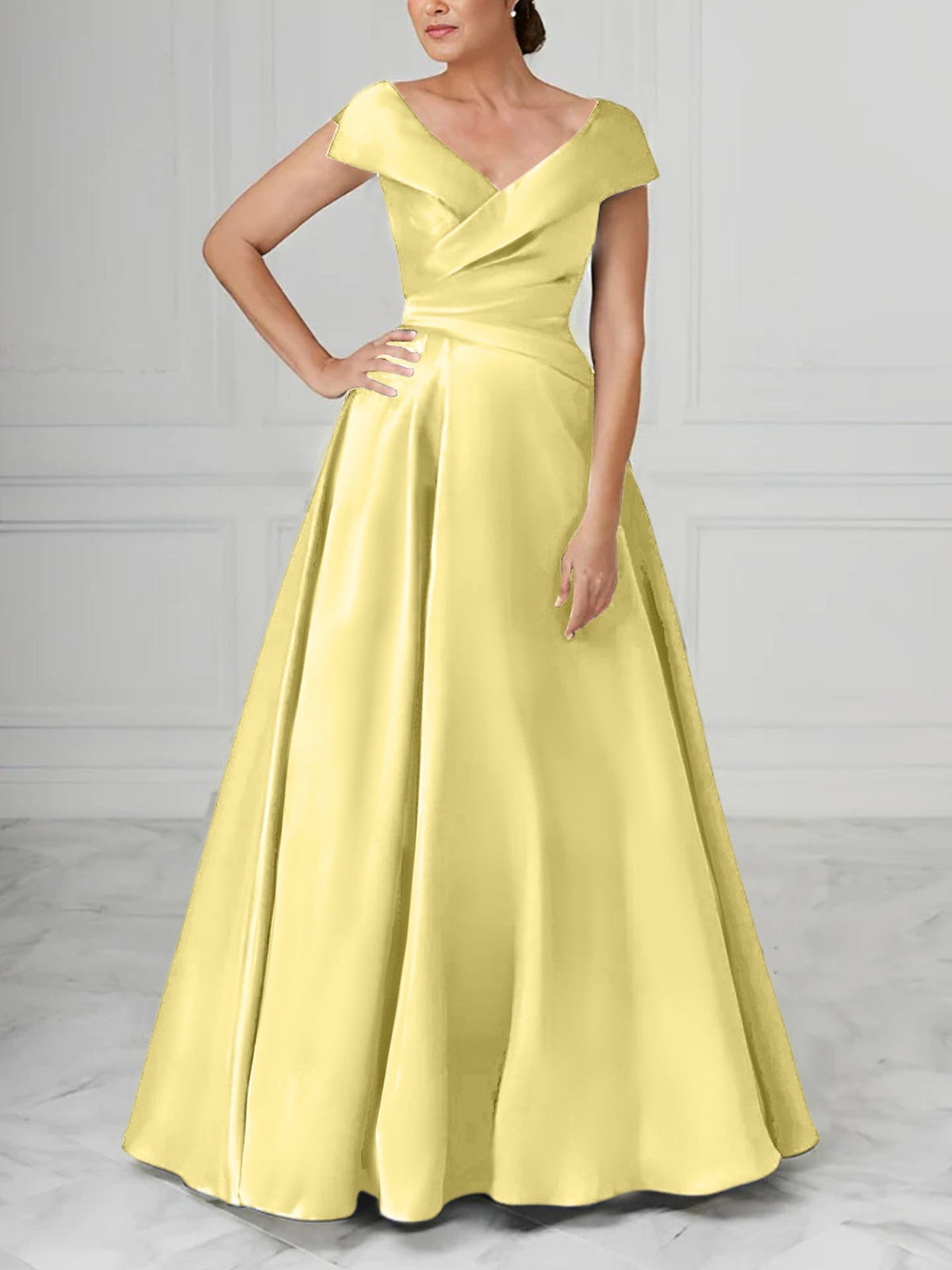 V Neck Satin A Line Mother of the Bride Dress with Ruched Details
