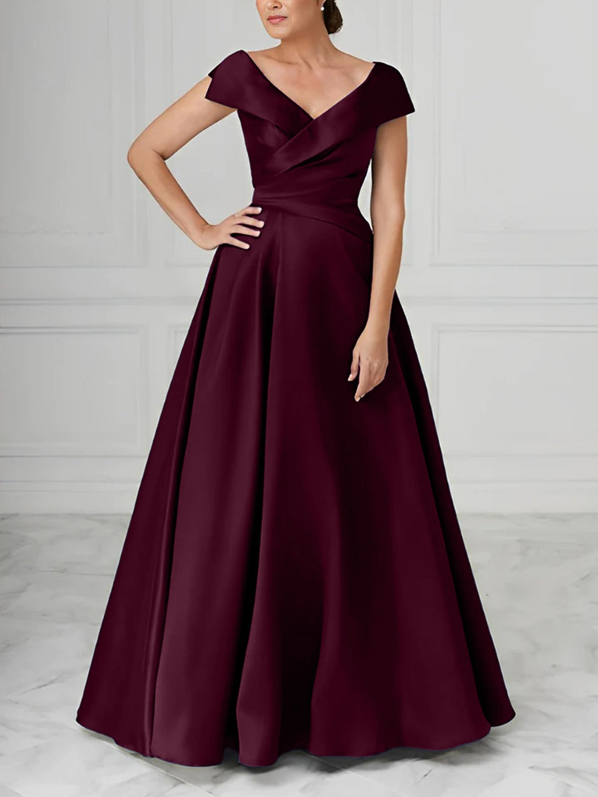 V Neck Satin A Line Mother of the Bride Dress with Ruched Details